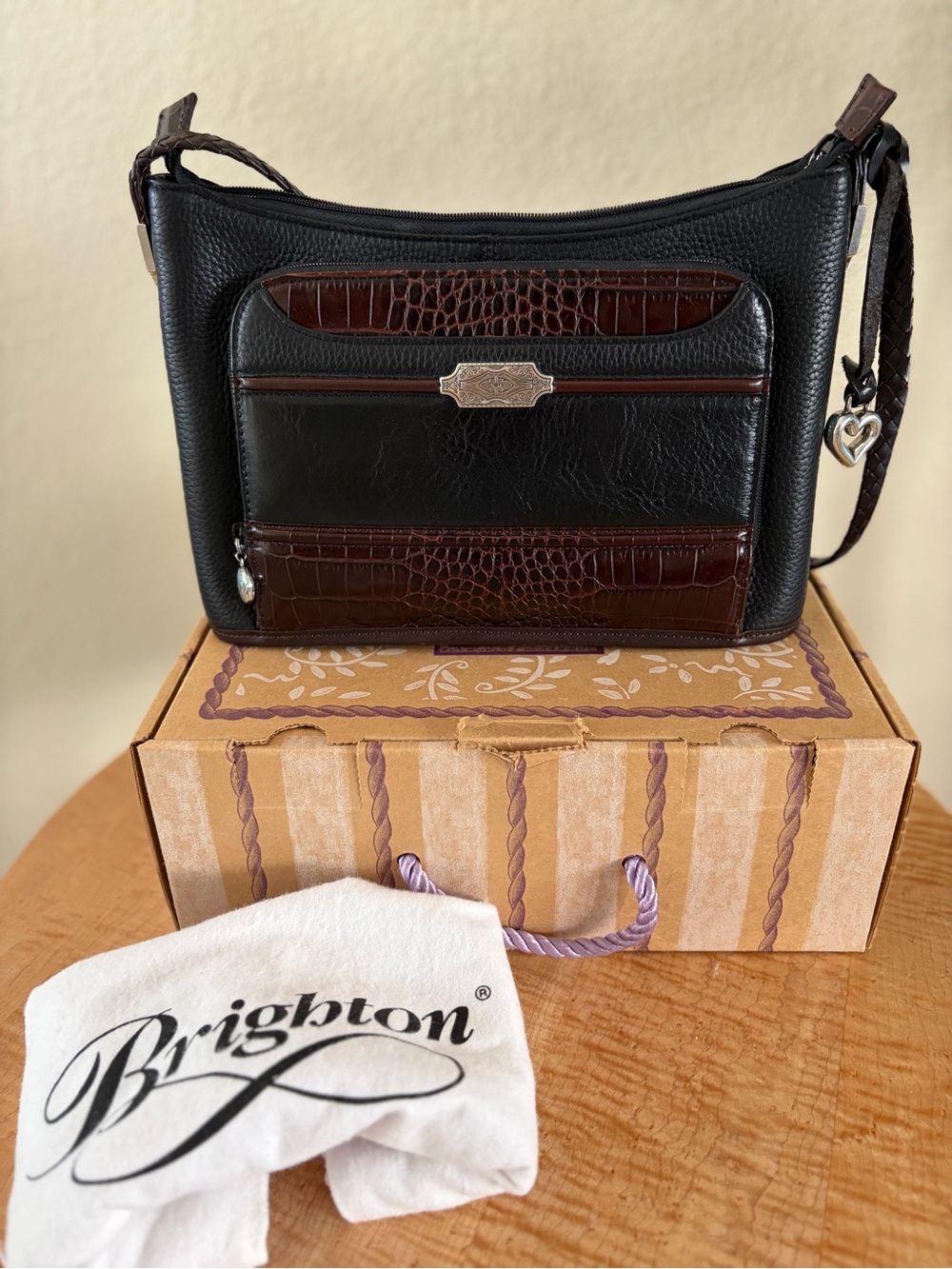 Brighton Black and Brown Leather Shoulder Bag with Croc Accents